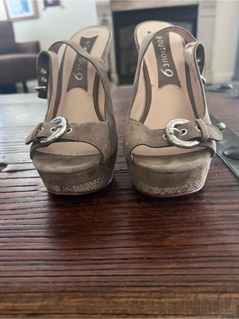 Boutique 9 Taupe Suede Wedge Sandals with Buckle